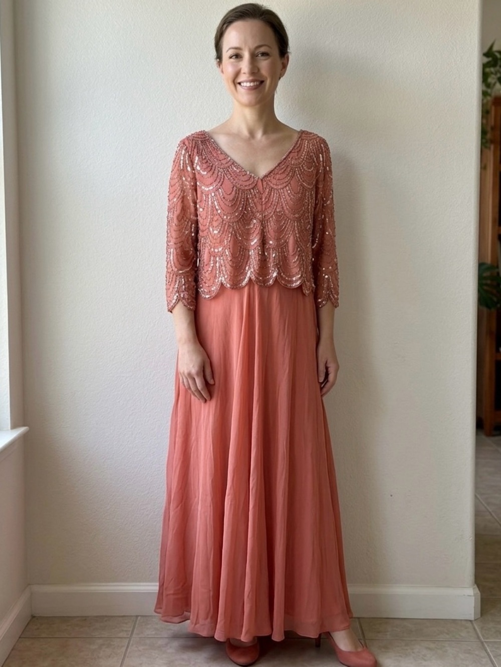 J Kara Beaded Scalloped Mock Two Piece Gown Red 8P NWT